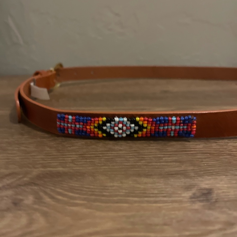 SZ 7/9 - Brown Faux Leather Native Beaded Belt with Braided Back and Gold Buckle